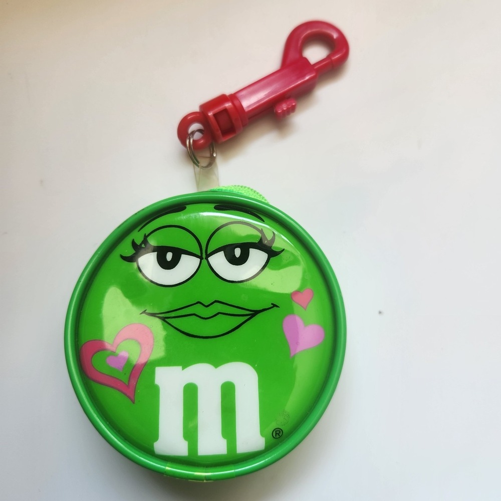 Vintage M&M's Green Hearts Plastic Vinyl Coin Purse Backpack‎ Keychain Y2K